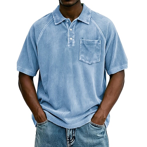 Herren Cordhemd Poloshirts Lässig Geschäft Umlegekragen Kurzarm Mode Basic Einfarbig Knöpfe Gewaschen Sommer Frühling Blau Dunkelgrün Dunkel Braun Schwarz Weiß Purpur Cordhemd Image
