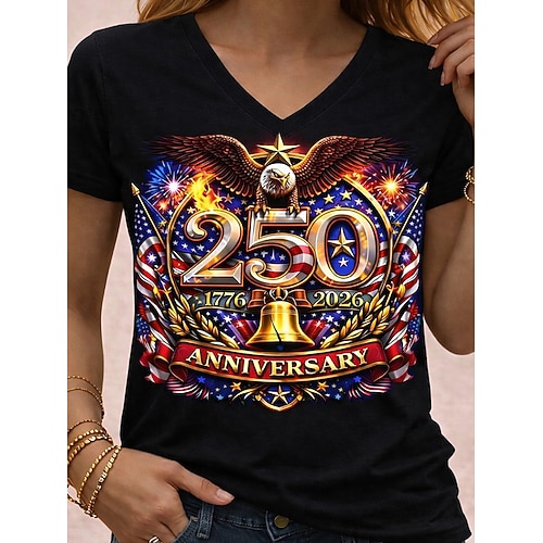 Unabhängigkeitstag Amerikanisches 250. Jubiläum Patriotisches Damen T-Shirt Druck Grafik Flagge Vintage Stylisch Klassisch Kurzarm V-Ausschnitt Reguläre Oberteile Täglich Blau Sommer Frühling Image