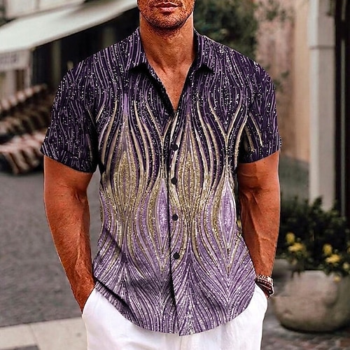 Herren Optische Täuschung Geometrisches Muster Hemd Knopfhemd Kurzarm Mode Streetwear Designer Täglich Outdoor Sommer Frühling Umlegekragen Druck Silber Rosa Purpur Gold Grün Image