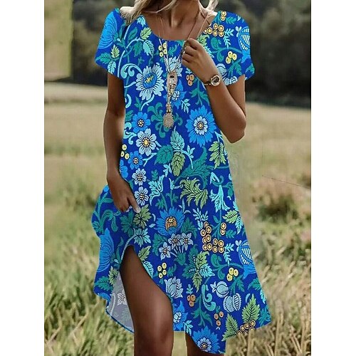 Damen Knielanges Kleid Boho-Kleid Blumenkleid Sommerkleid Vintage elegante kleider Täglich Strand Wochenende Normale Passform Blumen Kurzarm Rundhalsausschnitt Blau Orange Sommer Frühling Image