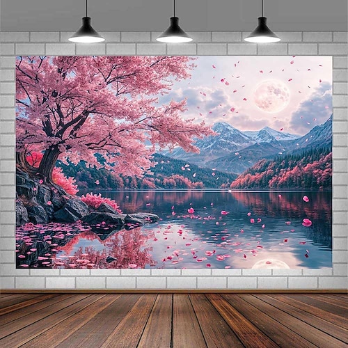 Wandteppich, Türbanner, Wohnzimmer- und Schlafzimmerdekoration, künstlerisches Wandbild mit rosa Kirschblüten, Sakura-Baum, ruhigem See, Bergen, nebliger Zen-Landschaft Image