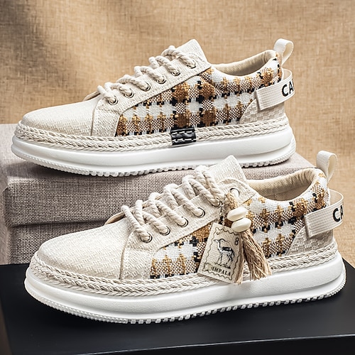 Herren Vintage Lässig Täglich PU Leder Segeltuch Bequem Atmungsaktiv Schnürung Beige / Weiß Schwarz Sommer Frühling Herbst Image