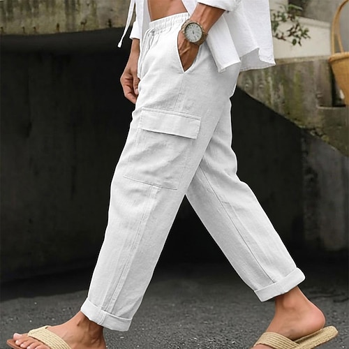 Herren Cargo-Hosen Leinenhosen Hose Sommerhose Kordelzug Elastischer Bund Gerader Schnitt Einfarbig Einfach Komfort Atmungsaktiv Volle Länge Lässig Täglich Ferien Urlaub Mode Schwarz Weiß Unelastisch Image