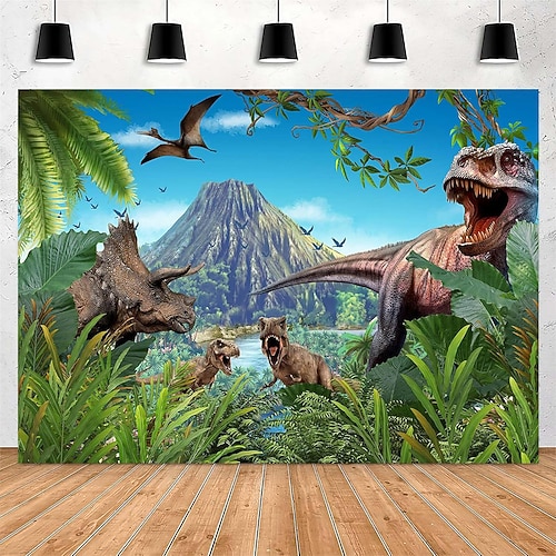 Dinosaurierwelt, Jura, T-Rex, Triceratops, Vulkan, tropischer Dschungel – Wandteppich für Kinderzimmer, Jungenspielzimmer, Geburtstagsfeier, prähistorische Naturlandschaft Image