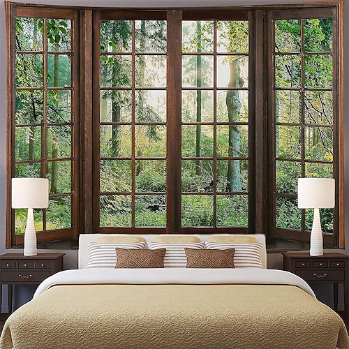 Geheimer Garten, verwunschener Wintergarten, Vintage-Bogenfenster, Blick auf weiße und gelbe Kletterpflanzen, Wandteppich, Wandbehang, Schlafzimmer- oder Wohnzimmerdekoration, romantische Kulisse für Image