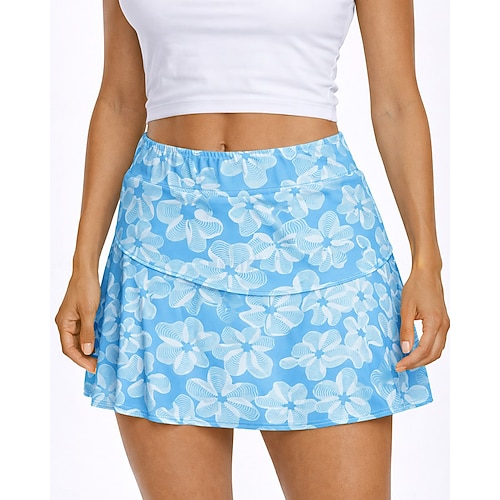 Damen Blumenmuster Tennis-Skort Tasche Elastisch Schweißableitend Atmungsaktiv Volleyball Tennis Badminton Rock Blau Tennisbekleidung Image