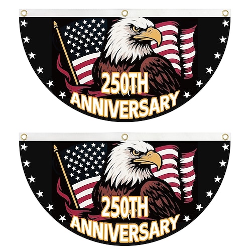 2-teiliges Set halbrunde Flaggen zum 250. Jahrestag der USA, Dekorationsartikel, Gedenkbanner zum 250. Jahrestag der USA, patriotische Flagge für den Unabhängigkeitstag und nationale Feierlichkeiten Image