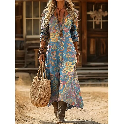 Damen Maxikleid Boho-Kleid Vintage-Kleid Freizeitkleid Vintage Täglich Outdoor Urlaub Normale Passform Blumen Paisley-Muster Langarm V Ausschnitt Blau Purpur Grün Frühling Herbst Image