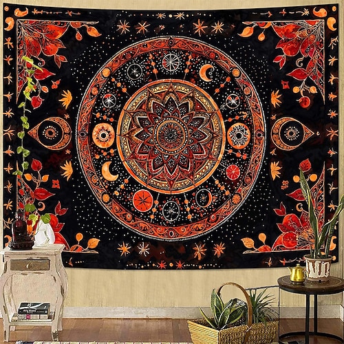 Boho-Wandteppich in Dunkelrot und Kastanienbraun mit Mandala-Muster, aufwendigem Blumenmedaillon, Sternenhimmel-Motiv, Boho-Stil, ethnische Kunst, Wohnaccessoires, Wohnzimmer- oder Image