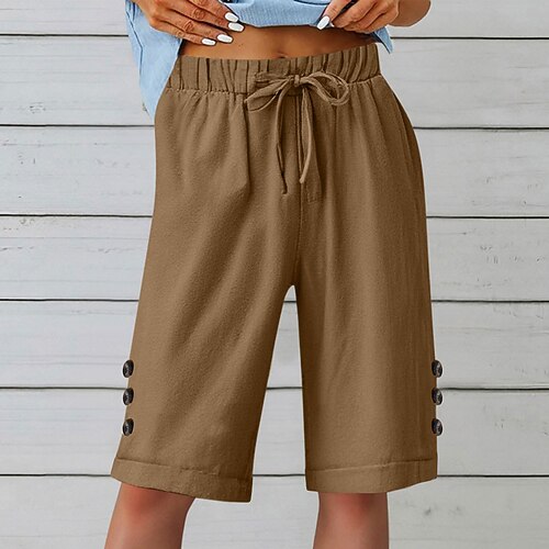 Damen Shorts Sommershorts Strandshorts Urlaub Mode Alltagstauglich Knielang Mittlere Taille Kordelzug Tasche Elastischer Bund Komfort Weich Atmungsaktiv Unelastisch Streetwear Strand Ferien Weinrot Image