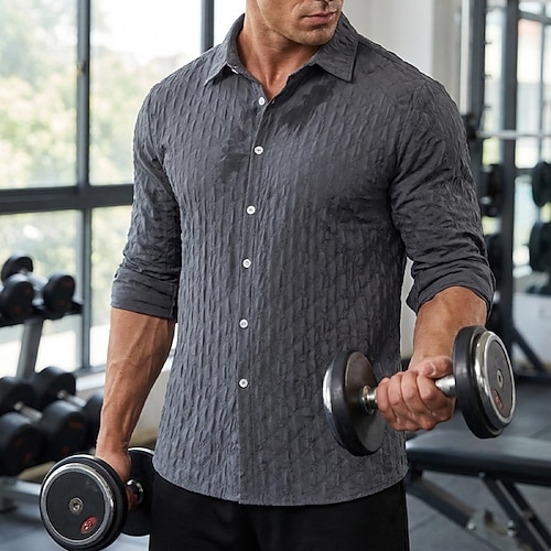 Herren Hemd Textur Freizeithemd Knopfhemd Jacquard-Hemd Schwarz Marineblau Grün Kaki Grau Langarm Einfach Hemdkragen Lässig Täglich Bekleidung Elegant Mode Lässig Image