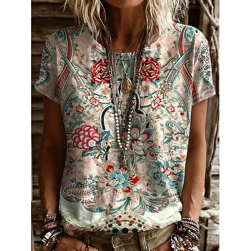 Damen T Shirt Druck Grafik Pflanzen Vintage Stilvoll Klassisch Kurzarm Rundhalsausschnitt Normale Oberteile Täglich Wochenende Rote Orange Beige Sommer Frühling Image