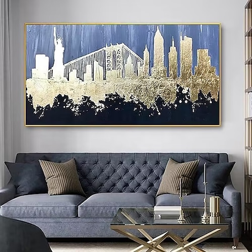 handgemalte Wandkunst New York City Skyline Stadtbild Kunst auf Leinwand handgefertigte Blattgoldkunst abstrakte Skyline Dekor New York Dekor Skyline Heimdekoration Dekor gerollte Leinwand kein Rahmen Image