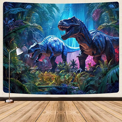 Prähistorische Dinosaurierwelt, farbenfroher Sonnenuntergang, T-Rex, Brachiosaurus, Stegosaurus, Wasserfall, tropischer Dschungel, Wandteppich, Wandbehang, Kinderzimmer, Jungenspielzimmer, Dekoration, Image