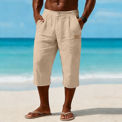 Herren Leinenhosen Caprihose Sommerhose Strandhose Tasche Elastischer Bund Einfarbig Komfort Atmungsaktiv Wadenlang Täglich Outdoor Strand Urlaub Mode Blau Cachi scuro Unelastisch Image