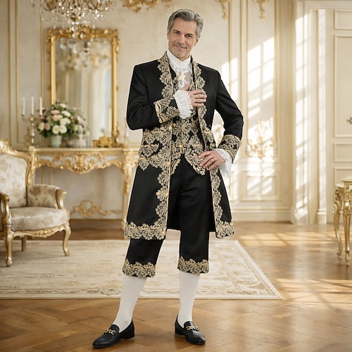 Retro Vintage Rokoko Knielang Hose Weste Gefälschte Halsbänder Prinz Gentleman Edelmann Kostüm Herren Halloween Karneval Maskerade Renaissance-Messe Retro-Mottoparty Erwachsene Mantel Weste Hose Image
