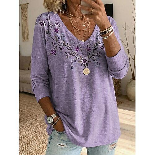 Damen T Shirt Druck Blumen Grafik Vintage Stilvoll Klassisch Langarm V Ausschnitt Normale Oberteile Täglich Wochenende Gelb Purpur Regenbogen Sommer Frühling Image