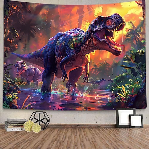 Wandteppich mit Dschungel-Dinosaurier-Motiv: T-Rex, blau und rot, Blitz und Himmel, Kinderzimmer, Spielzimmer, Gaming-Zimmer-Hintergrund Image
