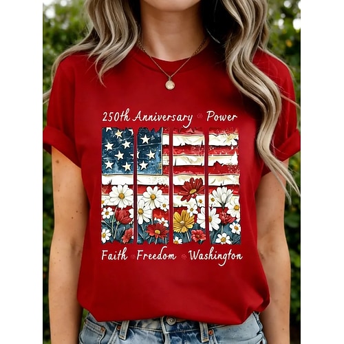 Amerikanischer Unabhängigkeitstag Damen T Shirt Druck Grafik Buchstabe Amerikanische Flagge Stilvoll Klassisch Lässig Kurzarm Rundhalsausschnitt Normale Oberteile Täglich Schwarz Weiß Rote Marineblau Image