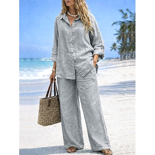 Damen Hosen-Sets Bolero Kunstbaumwollleinen Langarm Hemdkragen Einfarbig Mode Streetwear Lässig Täglich Outdoor Blau Schwarz Weiß Sommer Lässiger Schnitt Image