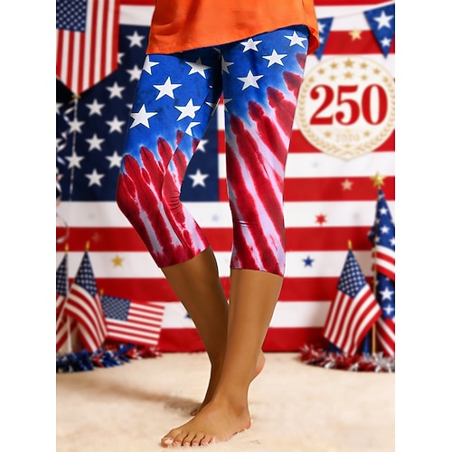 Leggings für Damen zum amerikanischen Unabhängigkeitstag – Urlaubsmode, lässige Caprihosen mit hohem Bund, bequem, dehnbar, für Alltag, Urlaub, Straße, blau, weiß, rot, Sommer, Frühling Image