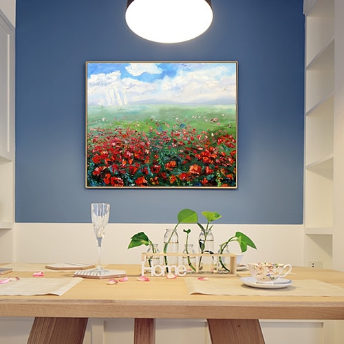 Ölgemälde, handgefertigt, handgemalt, Wandkunst, abstrakte Landschaft und rote Blumen, Leinwandmalerei, Heimdekoration, gespannter Rahmen, fertig zum Aufhängen Image