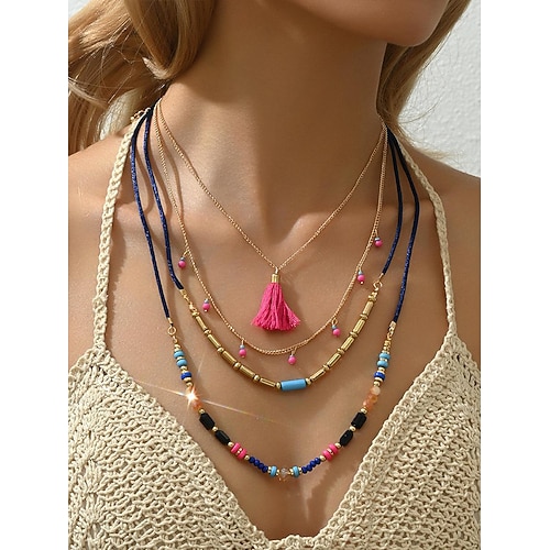 Boho-Perlenketten-Set für Damen – farbenfrohes handgefertigtes Choker-Halsband mit Quastenanhänger, Strandfestival-Schmuck für Sommer und Urlaub Image