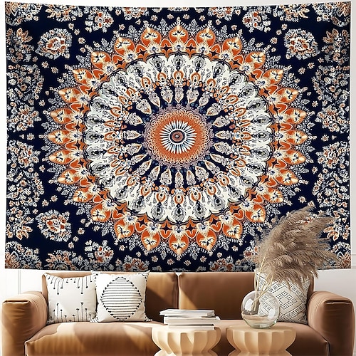 Boho-Wandteppich in Marineblau und Orange mit Mandala-Muster, aufwendigem Blumenmedaillon, ethnischer Stammeskunst, Wohnaccessoires, Hintergrund für Wohnzimmer und Schlafzimmer Image