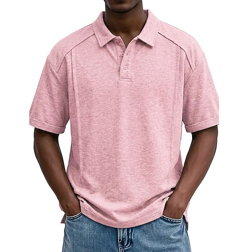 Herren Poloshirts Lässig Geschäft Umlegekragen Kurzarm Mode Basic Einfarbig Knöpfe Rein Sommer Frühling Blau Dunkelgrün Dunkel Braun Schwarz Weiß Rosa Poloshirts Image