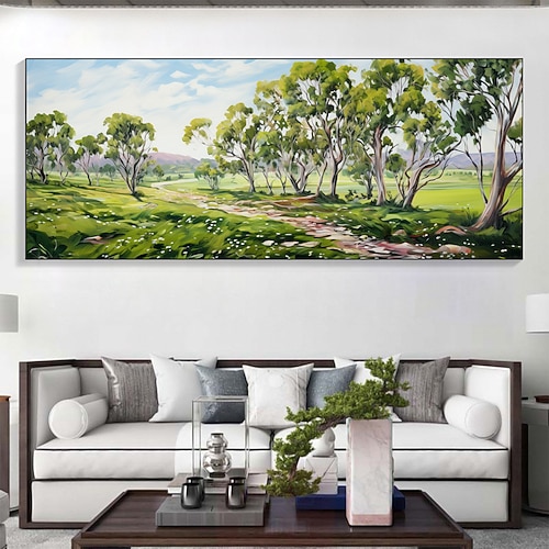 Handgefertigtes Original-Landschaftsölgemälde auf Leinwand, Wandkunst-Dekor, grünes Baum-Landschaftsgemälde für Heimdekoration, mit gespanntem Rahmen/ohne Innenrahmen Image