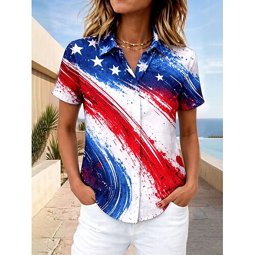 Amerikanischer Unabhängigkeitstag Damen Shirt Kurzarm Grafisches Flagge Vintage Stilvolles Freizeit Shirt Kragen Reguläre Oberteile Täglich Blau Weiß Rot Sommer Frühling Image