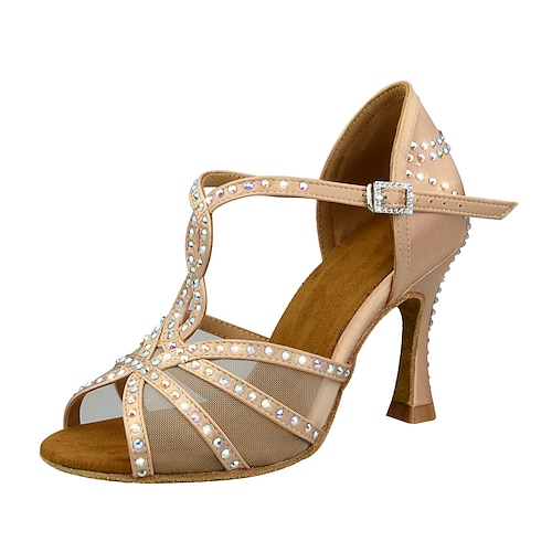 Damen-Latein-Tanzschuhe mit Strasssteinen und weicher Wildledersohle – elegante Satin-T-Riemen-Ballsaal-Absätze für Salsa, Tango, Bachata und Performance-Events Image