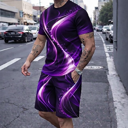 Herren Geometrisch Linie 2St T-Shirts-Sets Sommeroberteile Kurzarm Kurze Hosen Rundhalsausschnitt Lässig Täglich Outdoor Ausgehen 3D-Druck Sommer Blau Rote Purpur Image