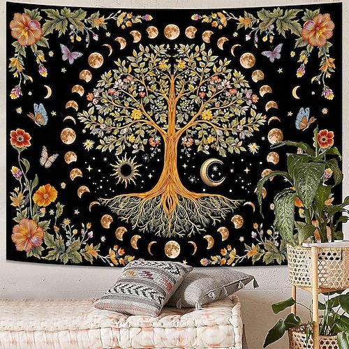 Wandteppich mit himmlischem Lebensbaum, Mondphasen, Schmetterling, Sonne und Mond, Mandala, ästhetische Wanddekoration für Schlafzimmer, Wohnzimmer, Innenraumgestaltung Image
