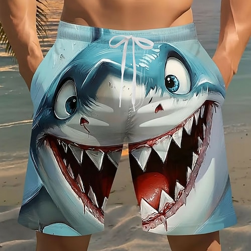 Herren Tiermotiv Cartoon Hai Badehosen Badeshorts Boardshorts Mittlere Taille Lustig Strandurlaub Seitentaschen Netzfutter Elastischer Kordelzug in der Taille Designer Bekleidung Image