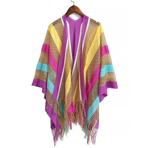 Strandschal aus Netzstrick für Damen – Badeanzug-Kimono mit Fransen und Streifen im Boho-Stil, leichte und atmungsaktive Sommerjacke für den Urlaub, den Pool und die Feiertage Image