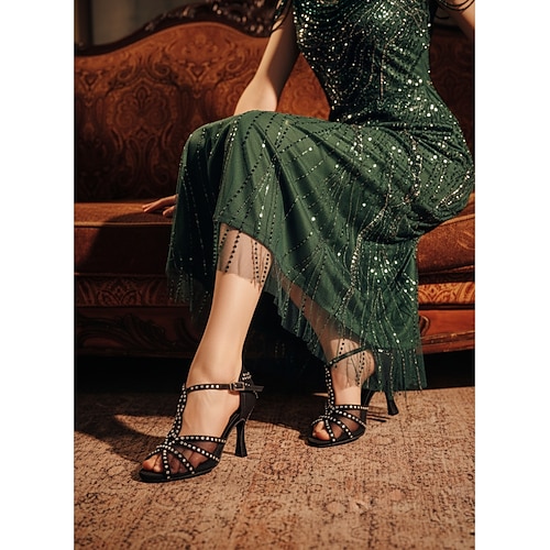 Damen-Latein-Tanzschuhe mit Strasssteinen und weicher Wildledersohle – elegante Satin-T-Riemen-Ballsaal-Absätze für Salsa, Tango, Bachata und Performance-Events Image