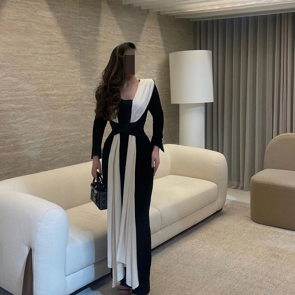 Customized Square Collar Contrast Color Jersey Evening Dress Full Sleeves Sweep Train Mermaid Party Dress Ankle Length Prom Gown