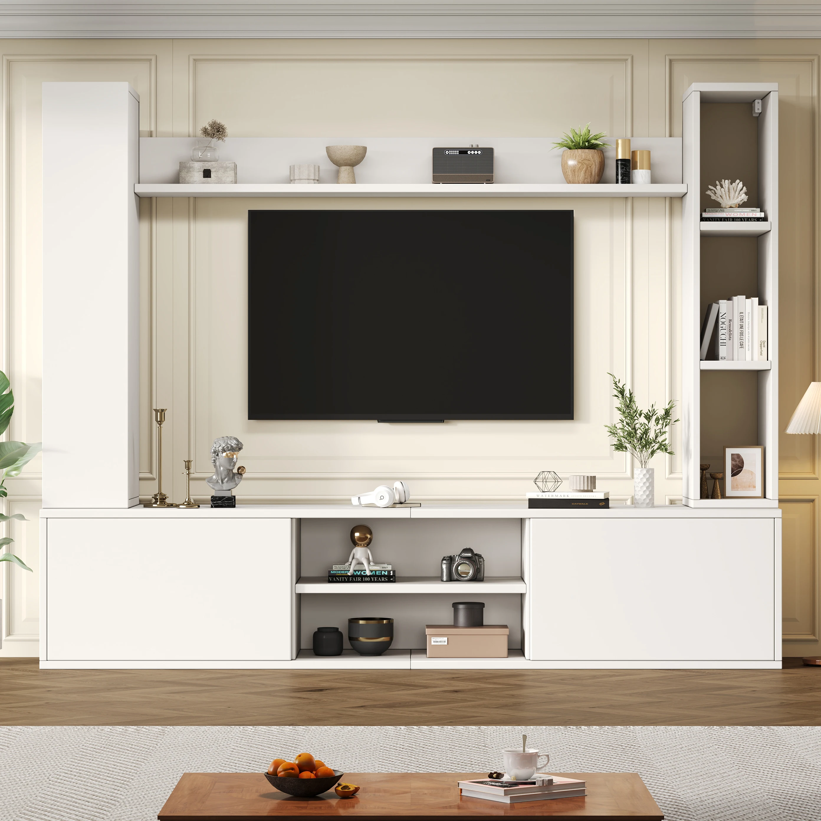 Meuble TV 180*35*33.5cm avec vitrines (ensemble complet, 4 pièces), Meuble multimédia incluant un meuble TV, un étagère basse et 2 étagères murales, Meuble TV pour salon