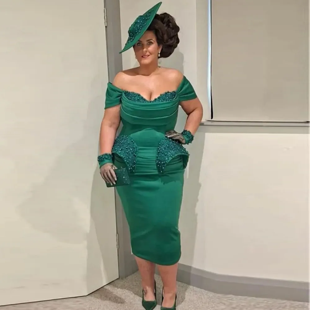 Customized Cocktail Dresses Modern Off The Shoulder Cocktail Gowns for Women Tea Length Pearls Beading Sheath Party Gown
