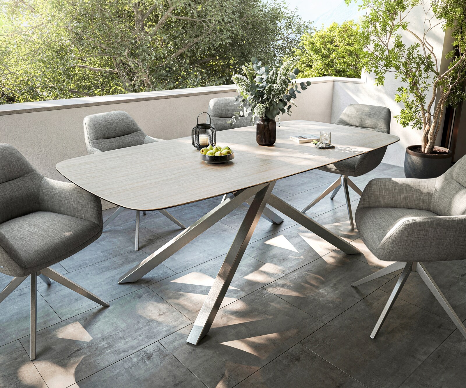 DELIFE Outdoortisch Edge Boot 200x100 cm Keramik Laminam® Travertino Bianco Creme-Weiß Kreuzgestell Rechteck Edelstahl, Outdoortische