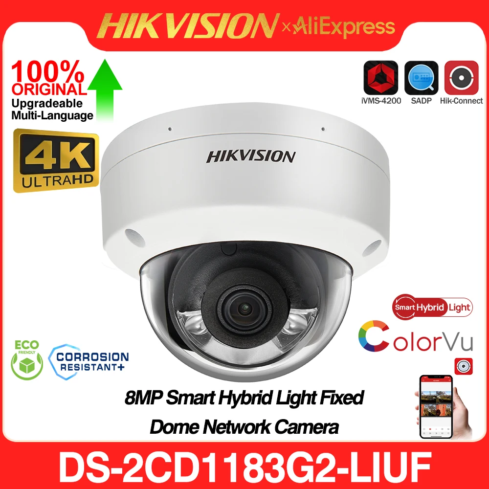 Original Hikvision DS-2CD1183G2-LIUF 4K 8MP ColorVu POE Smart Hybrid Light Fixed Dome Netzwerkkamera Eingebautes Mikrofon IK08 Image