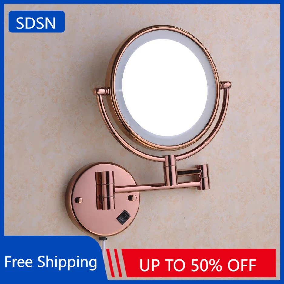 Rose Gold Led Klapp Badezimmer Spiegel Wand Beleuchtete Hause Hotel Badezimmer Make-Up Spiegel 5X Vergrößerungs Stecker Bad Spiegel