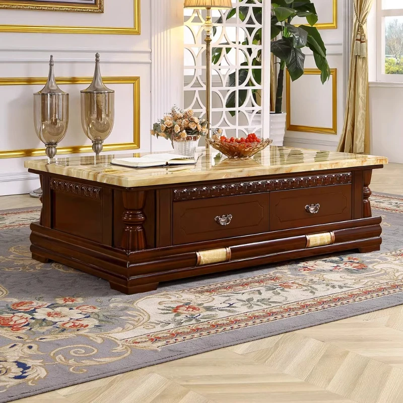 Couchtisch aus walnussfarbenem Marmor mit vier Schubladen und Stauraum. Design-Innen-Beistelltisch, luxuriöse, moderne Wohnzimmermöbel Image