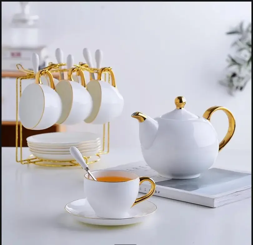 Elegantes Teeset aus Bone China, Porzellan-Duftbecher, Keramiktopf, florale Teekanne, Café-Becher, Kaffee, Weißgold, Teetasse, Teeset