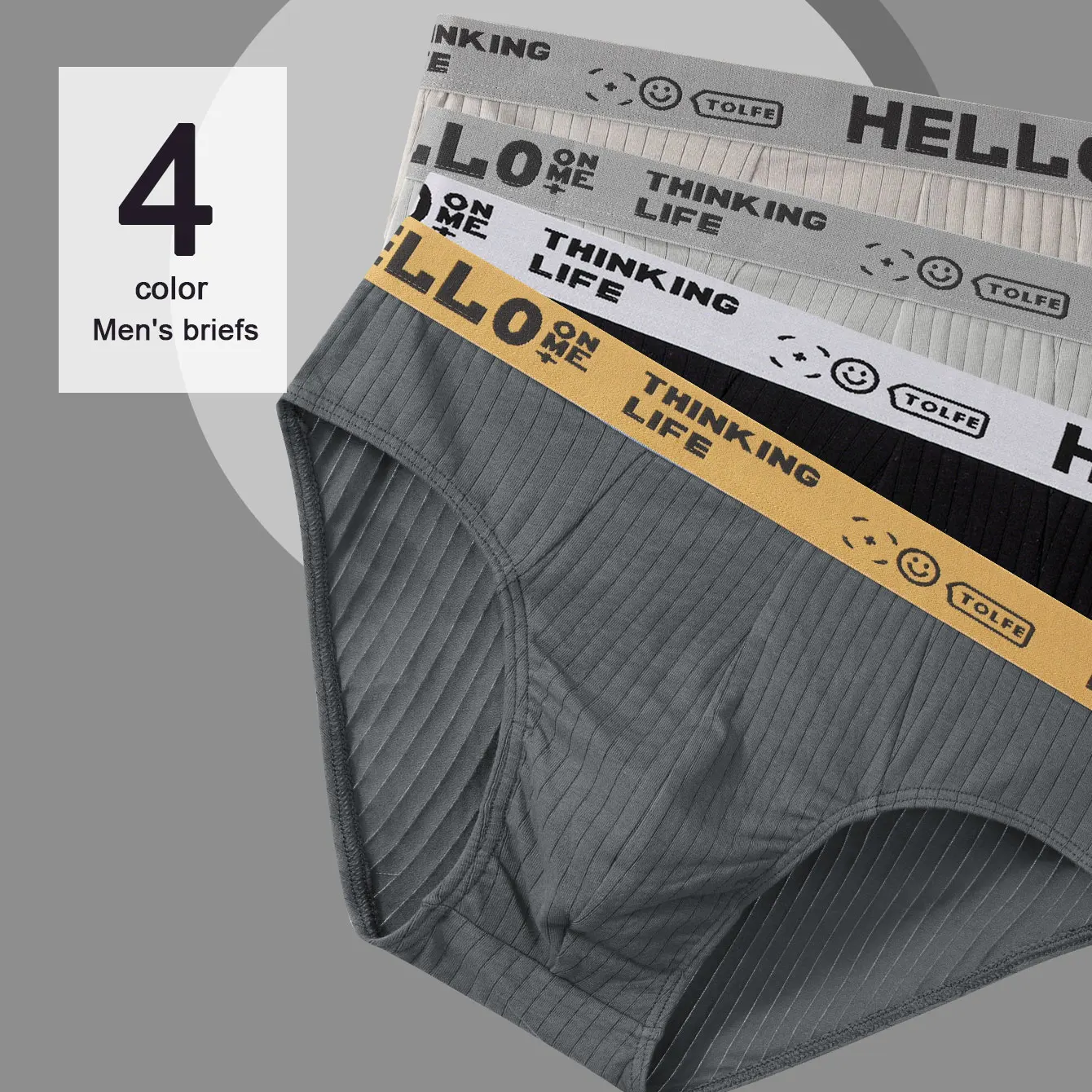 4er-Pack Baumwoll-Slips für Herren – „HELLO“ und „THINKING LIFE“-Bund, 4 Farben Image