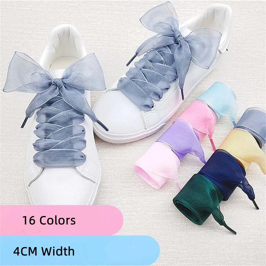 1 paar 4 cm Erweitern Organza Schuh Saiten 60-180 cm Frauen Bogen Schnürsenkel Flache Seide Satin Band Leinwand turnschuhe Sport Schuhe Schnürsenkel s Image