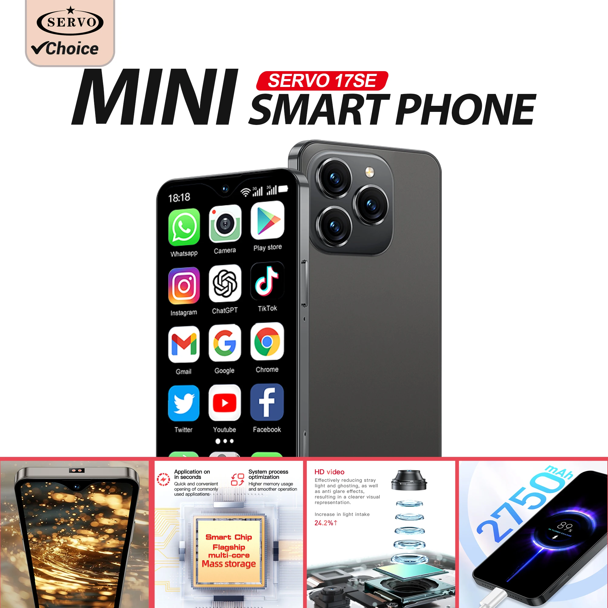 SERVO 17SE 4G LTE Mini Smartphone Android 8.1 Dual SIM Standby Dual Kamera 2GB + 16GB Wifi GPS Play Store 4,3