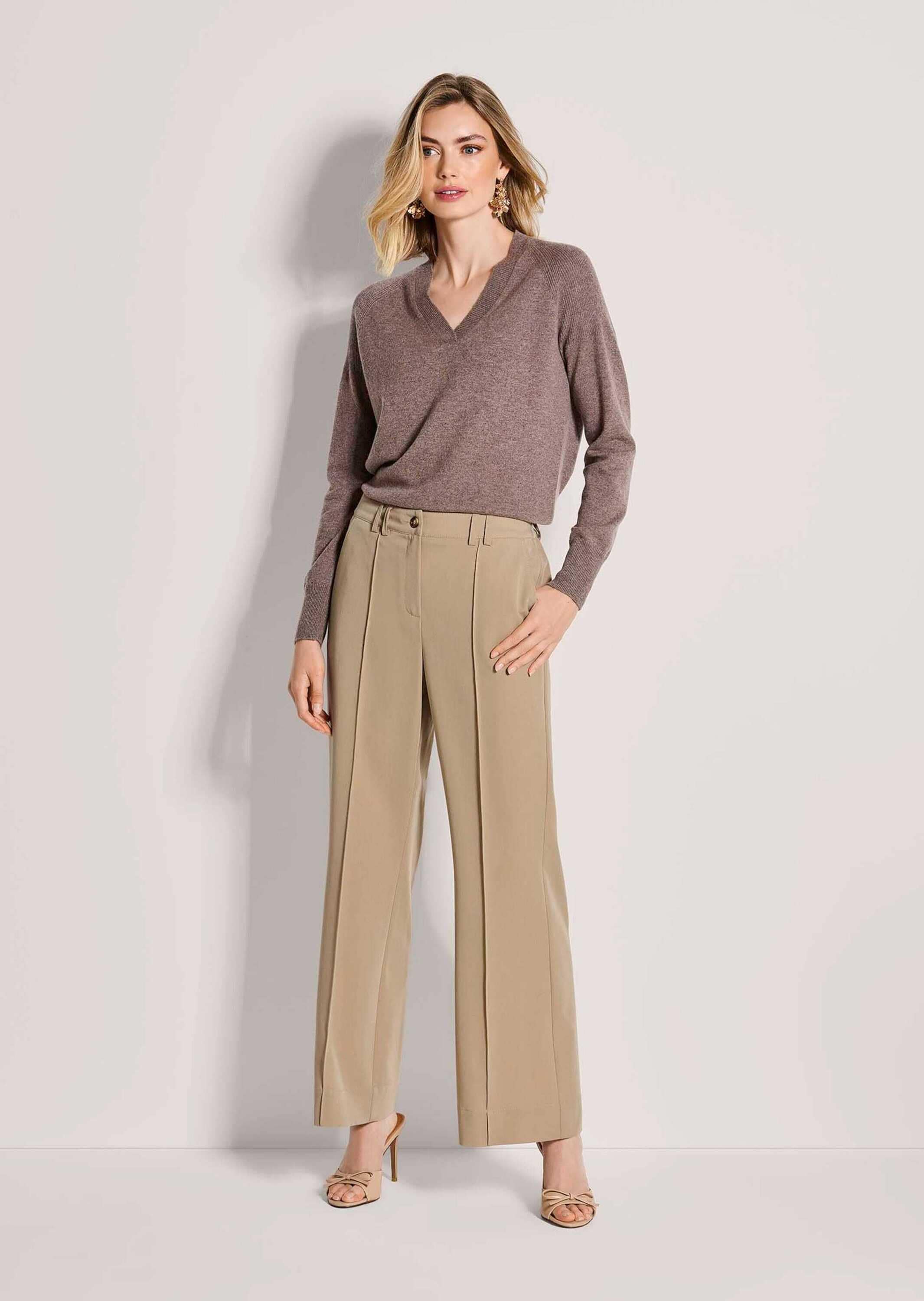 Stoffhose MADELEINE "Culotte Stoffhose mit Biesen", Damen, Gr. 21, N + K Gr, beige, Obermaterial: 70% Polyester PES. 25% Viskose CV. 5% Elasthan EL., Modern, weit, Hosen Stoffhose, mit hinterem Teildehnbund Image