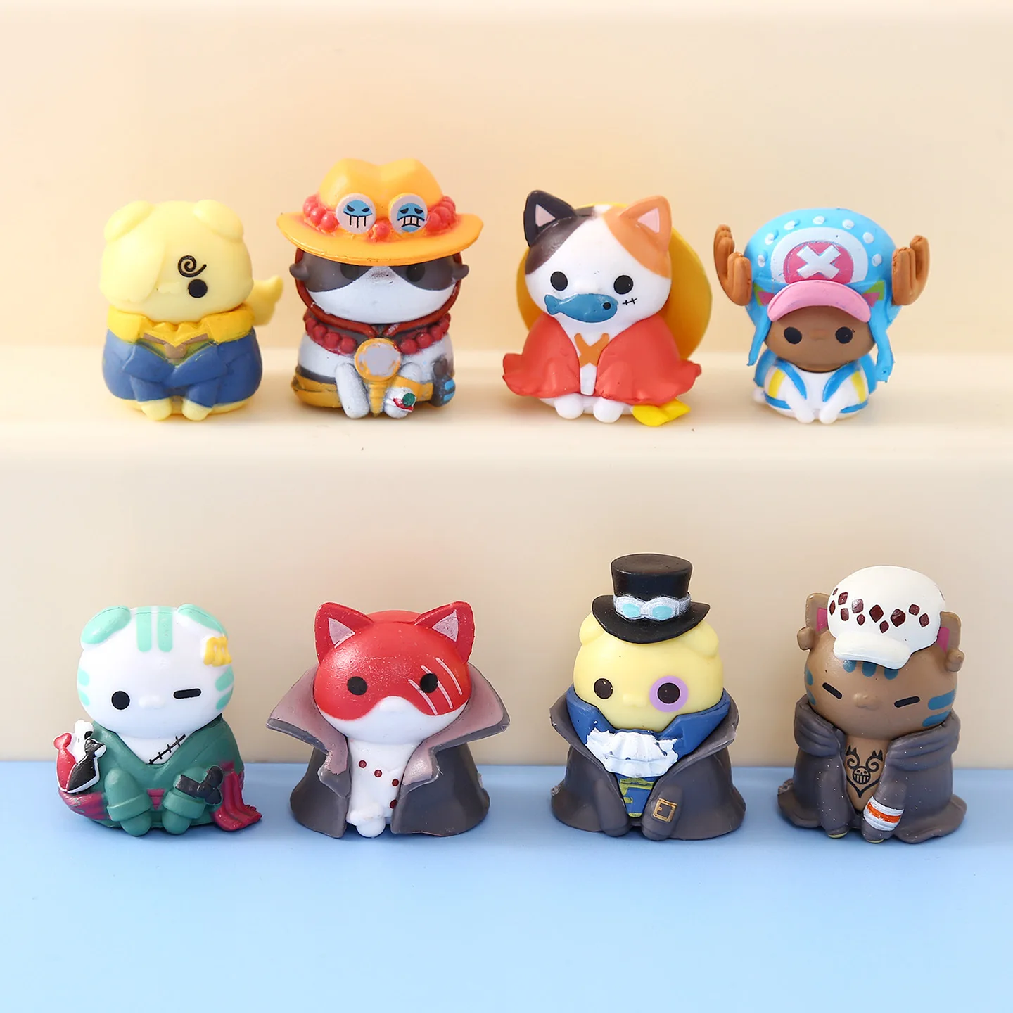 8 pezzi Anime One Piece Rufy Figura Zoro a forma di gatto Ace Q Versione Sabo Desktop Shanks Ornamenti Collezione di giocattoli Regalo Mockup
